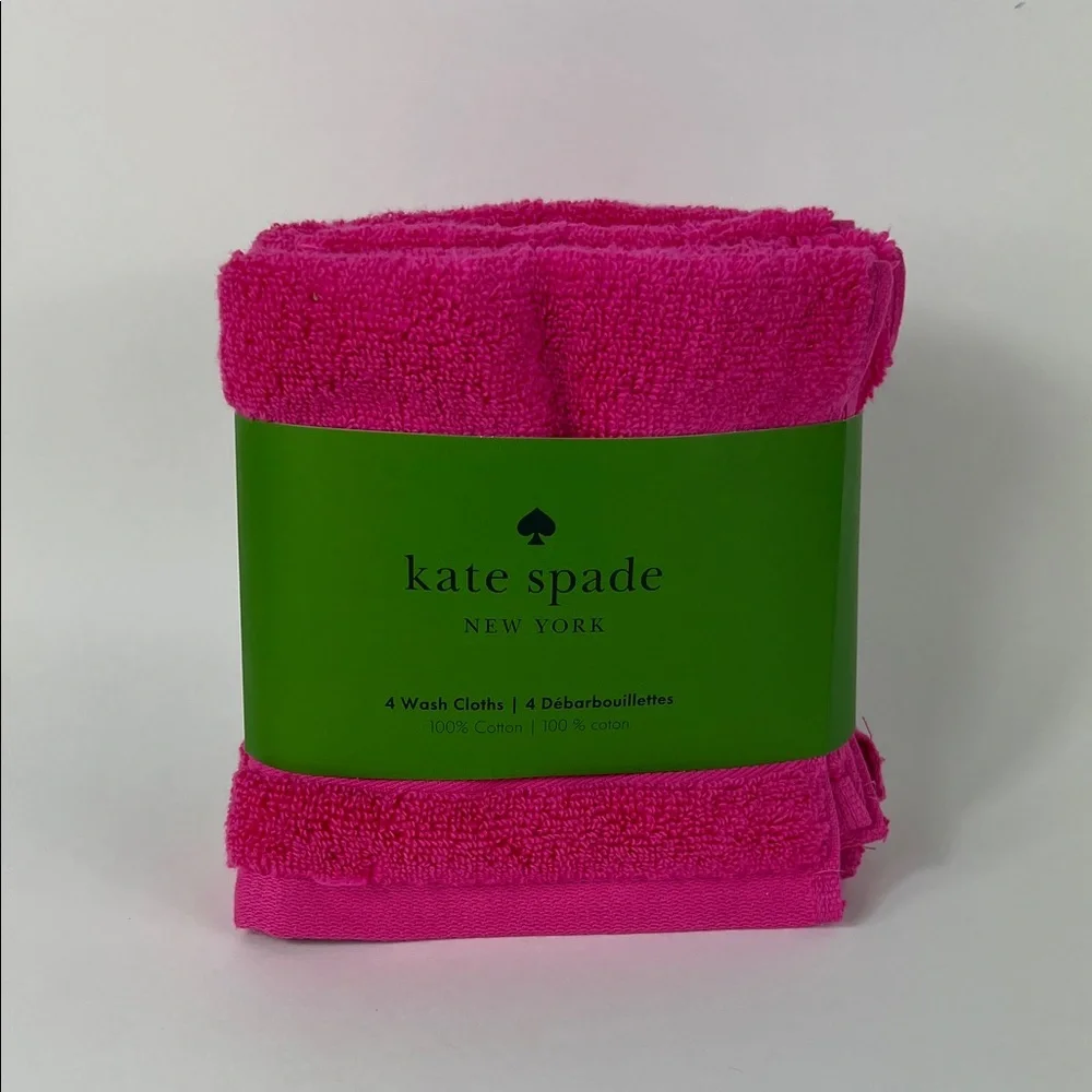 Kate Spade Wash Cloth Set of 4 Bright Pink 100% Cotton 13